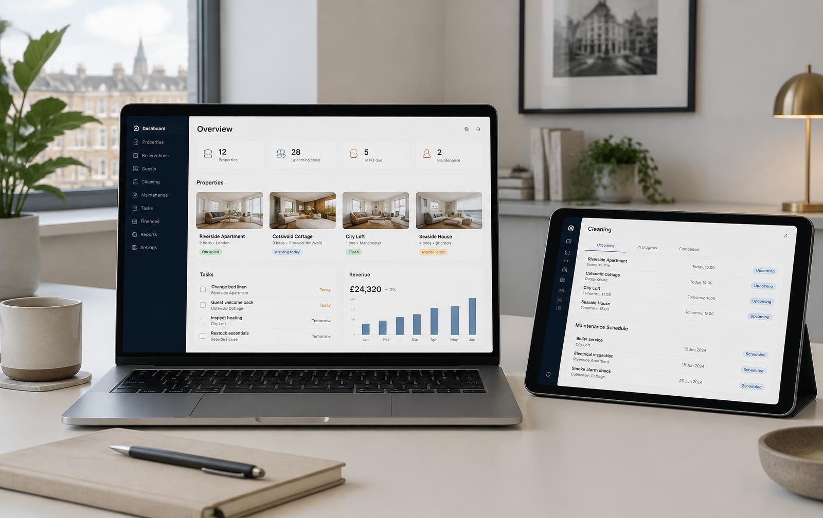 Prime Host property operations dashboard displayed on a laptop and tablet